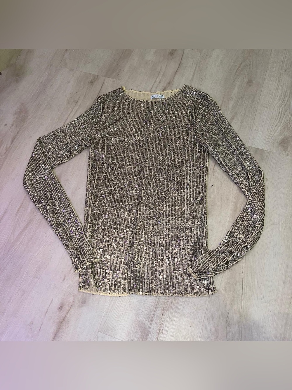 Free People Gold Sequin Long-Sleeve Crewneck Top